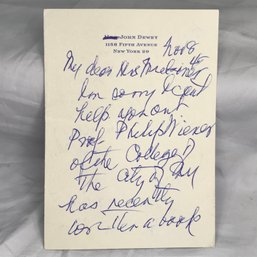 Signed / Autographed 1949 Short Letter By JOHN DEWEY - American Philosopher / Psychologist - Wifes Letterhead