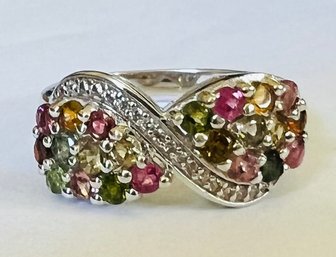 STERLING SILVER MULTI GEMSTONE DIAMOND ACCENT RING