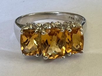 STERLING SILVER CUSHION CUT CITRINE 3 STONE RING