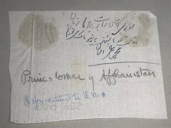 Two Interesting Autographs -  Afghanistan Royalty PRINCE OMAR - Not Sure Other Signature - Both Authentic