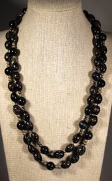 Elongated 40' Long Art Glass And Cat's Eye Stone Beaded Necklace