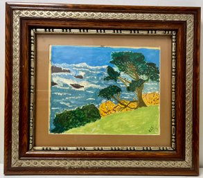 Small Framed Painting On Canvas - Trees Overlooking Ocean - E C Sullivan - 14.5 X 16.5 - Modern Folk Art