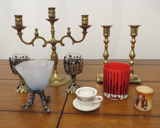 Mixed Lot Of Candle Holders In Brass, Glass & Ceramic.