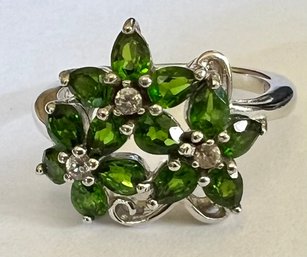 SIGNED BBJ SYNTHETIC EMERALD & WHITE STONE FLOWER RING