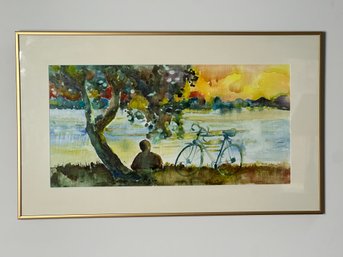 Watercolor Painting Of Man With Bike In Frame