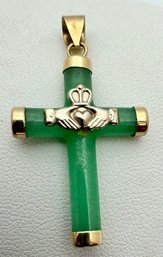 14K GOLD JADITE CLADDAGH CROSS PENDANT