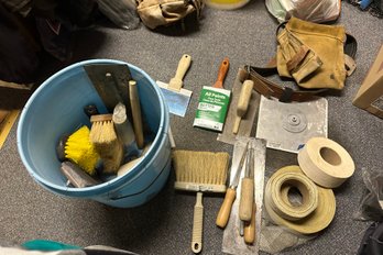 Good Collection Of Dry Wall Kit, Brushes, Cement Tools, 3 Tapes, Painting Accessories & A Tool Belt.