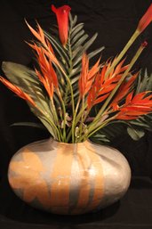 Sculptured Papier Mache' Vase With Orange Faux Florals