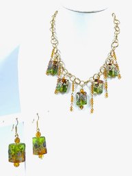 Beautiful Green Hued Art Glass Bead Necklace And Earring Set