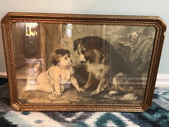 Vintage Cant You Talk Collie, Kitten & Girl Print Gold Frame