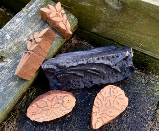 Five Vintage Floral Intricately Hand Carved Wooden Stamp Blocks