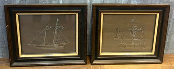 1976 Framed Franklin Mint Nao Sterling Silver Ship Silhouettes - Santa Maria & Schooner Yacht America