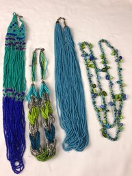 Set Of Blue/green Beaded Necklaces