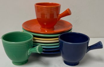 Vintage Lot Fiesta 3 Demitasse Cups & Saucers - Orange (red) Green Cobalt Blue - Plus Extra Saucers
