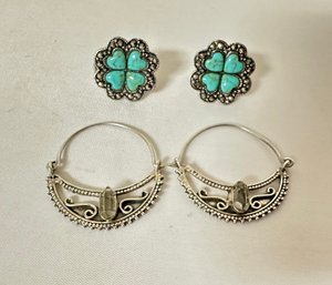 Turquoise Hearts Marasite Decor, Sterling Silver Filigree Quart Earrings&sterling Silver Clip Earrings. LW-c2