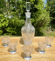 Gorgeous Cut Crystal Bohemian 10' Decanter With Stopper And Five Glasses