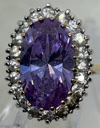 Artist Signed Sterling Silver And Faceted Amethyst Ring With Sapphire Halo