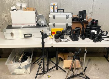 A Large Assortment Of Pro Camera And Photography Items - Olympus, Konica, Komura, Vivitar And More