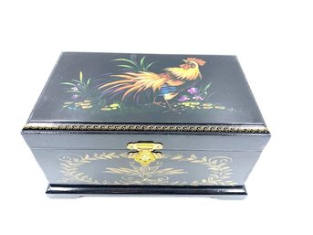 Vintage Asian Black Lacquer Keepsake/Jewelry Box With Handpainted Rooster Motif