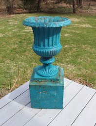 Vintage Painted Cast Iron Urn On Pedestal