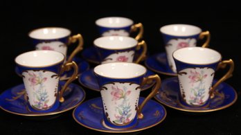 HAND PAINTED GILT RIMMED 14 PIECE HAND PAINTED COBALT BLUE ESPRESSO CUP & SAUCER SET MADE IN FRANCE