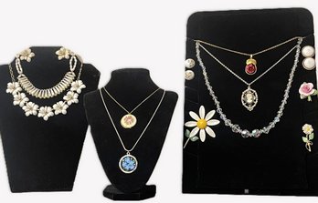 Vintage Floral Inspired Jewelry W Sarah Coventry White Necklace & Earring Set, Porcelain Brooch England & More