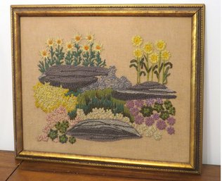 Vintage Crewel Stitch Of A Landscaped Garden Scene