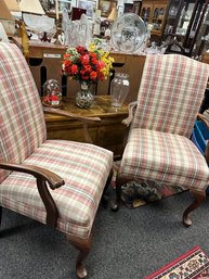 Beautiful Pair Arm Chairs Beauatifully Upholstered In Plaid Fabric