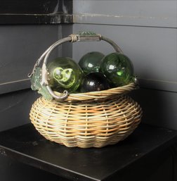 Wicker Basket With 11 Decorative Glass Balls