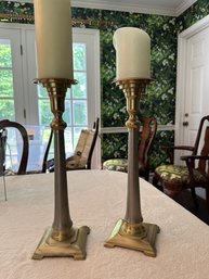 Pair Brass And Brushed Chrome Candleholders