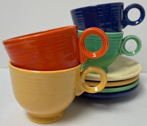 Vintage Lot Fiesta Ware - 3 Cups & Saucers Yellow, Green, Cobalt Blue - Plus Orange (Red) Cup & Ivory Saucer