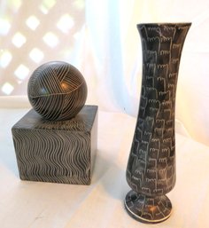 Africa Besmo Carved Stone Ball On Stand With Carved Bud Vase