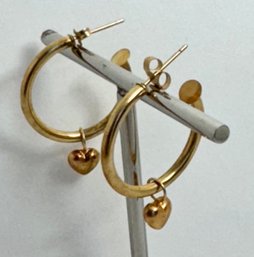 SIGNED 14K GOLD HOOP WITH DANGLE HEART EARRINGS