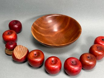 Signed Donald Pickett Cherry Bowl With Wooden Apples