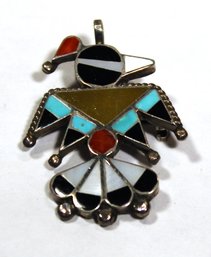 Vintage Native American Southwestern Sterling Silver Figural Pin Turquoise Inlay