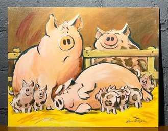 Original Hans Wilhelm Oil On Canvas Board Illustration Of Pigs With Piglets