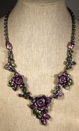 Designer Contemporary Necklace Purple Roses Black Tone 18' Long