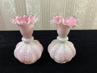 Vintage Fenton Silver Crest Beaded Melon Cased Pink Milk Glass Vase