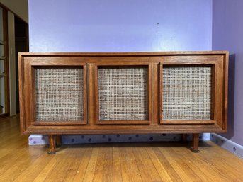 A Vintage Modern Custom-Made Credenza In Oak With Woven Door Panels