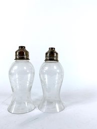 Pair - Etched Glass Hurricane Lamp Shades With Sterling Silver Collars