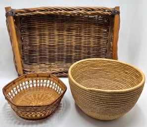 3 Woven Baskets, Largest With Wood Handles & Leather Trim
