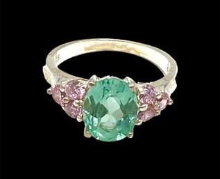 Beautiful Sterling Silver Pink And Aquamarine Stone Ring, Size 7.75