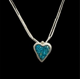 Vintage Sterling Liquid Silver Necklace With Turquoise Heart Pendant