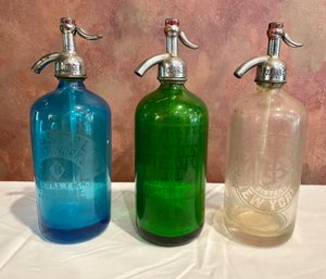 Lot Of Three Multi Colored Vintage Glass Seltzer Bottles - By Claremont - J Babad NY & Kingstree