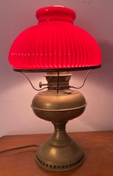 Red Glass Shade Converted Rayo Oil Lamp