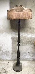 Antique Wood Floor Lamp With Ornate Silk Fringed Shade