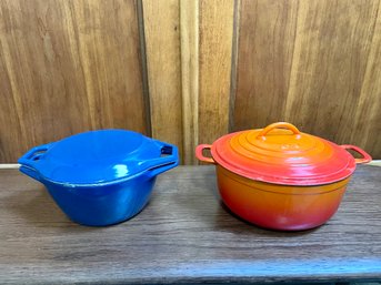 Vintage Enamel Over Cast Iron Pots - Descoware Flame Orange (Belgium) & Copco D1 Blue (Denmark)