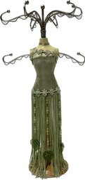 JEWELRY TREE DRESS FORM: Metal Hooks For Necklaces & Bracelets, 13' Organizer Mannequin, Floral Green Fringe
