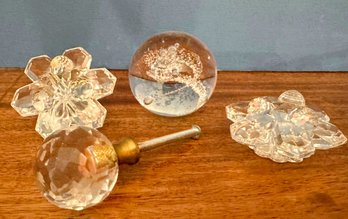 Two Swarovski Crystal Candle Holders, Art Glass Paperweight And Crystal Drawer Pull