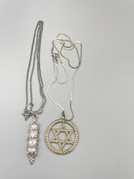 Pair Of Judaica Sterling Silver Necklaces With Pendants.